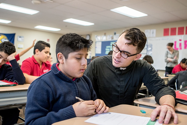 Br. Matt Wooters, SJ, began working at Nativity Jesuit Academy in Milwaukee after living and working with migrants in Mexico last year. Photo: Jeff Zmania