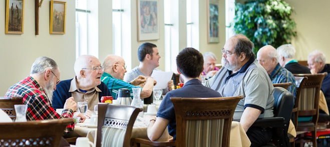 Jesuits gathered for breakfast at the St. Camillus healthcare community in Wauwatosa, Wisconsin. St. Camillus and Colombiere Center in Clarkston, Michigan, are the two senior Jesuit healthcare communities in the Midwest Province.