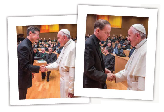 Jesuit Frs. Brian Paulson (left) and Thomas Lawler (right) met Pope Francis at GC36 in Rome. Photos: Fr. Itua Egbor, SJ